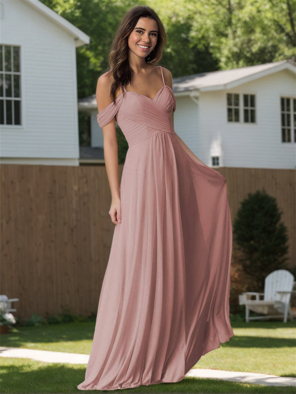 A Line/Princess Sweetheart Off Shoulder Sleeveless Floor Length   Bridesmaid Dresses  with Pockets Chiffon