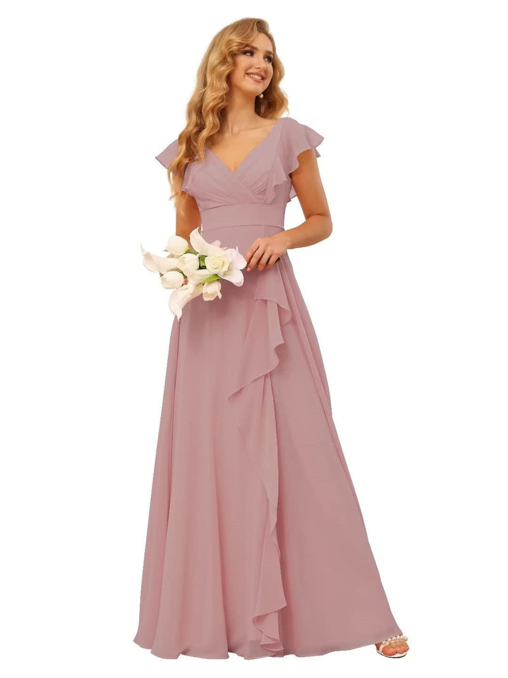 A-Line/Princess  V Neck Short Sleeve Floor Length  Bridesmaid Dresses With  Ruffled Split