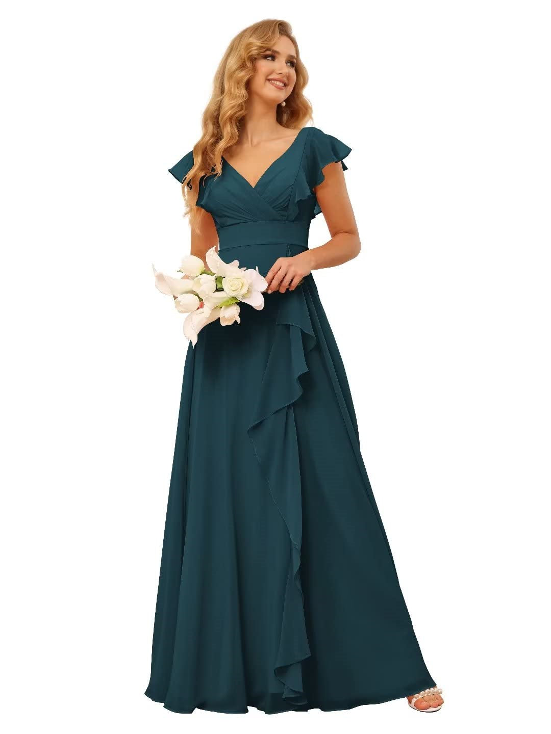 2026 Bridesmaid Dresses Chiffon A-Line V-Neck Short Sleeves Floor-Length Formal Wedding Party Gowns with Split Side & Ruffles, Coral 2026 Bridesmaid Dresses Chiffon A-Line V-Neck Short Sleeves Floor-Length Formal Wedding Party Gowns with Split Side & Ruffles, Coral