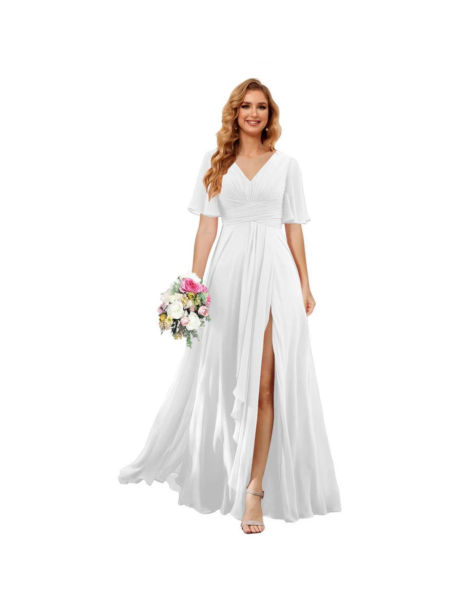 A-Line/Princess  V Neck Short Sleeve Floor Length  Bridesmaid Dresses Chiffon with Slit