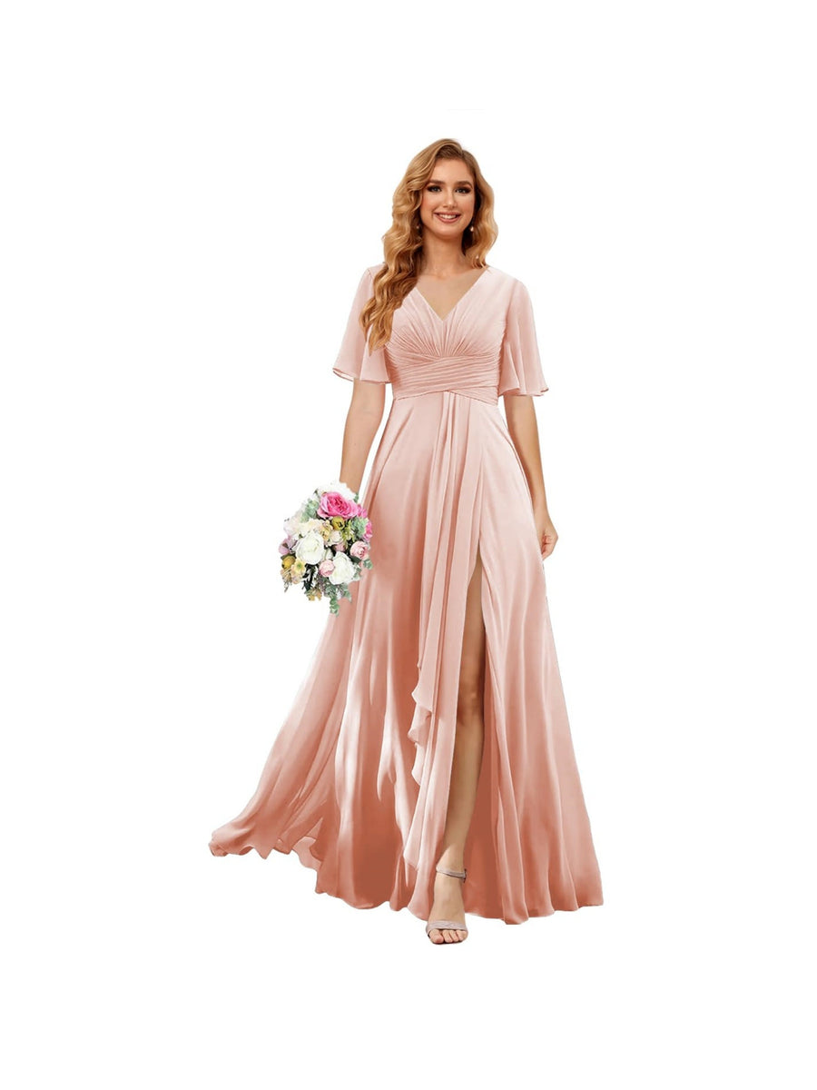 A-Line/Princess  V Neck Short Sleeve Floor Length  Bridesmaid Dresses Chiffon with Slit