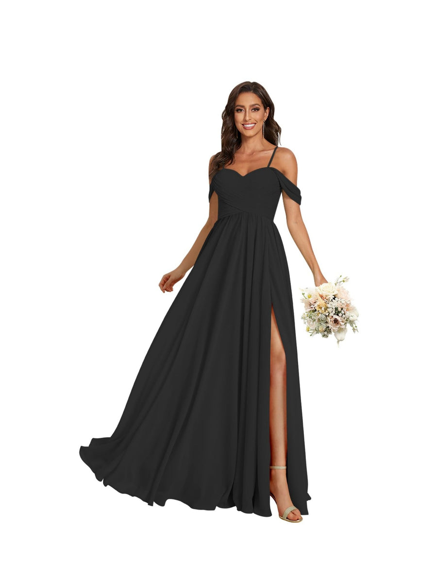 A-Line/Princess Off Shoulder Sweetheart  Sleeveless Floor Length Bridesmaid Dresses Chiffon with Pockets Slit