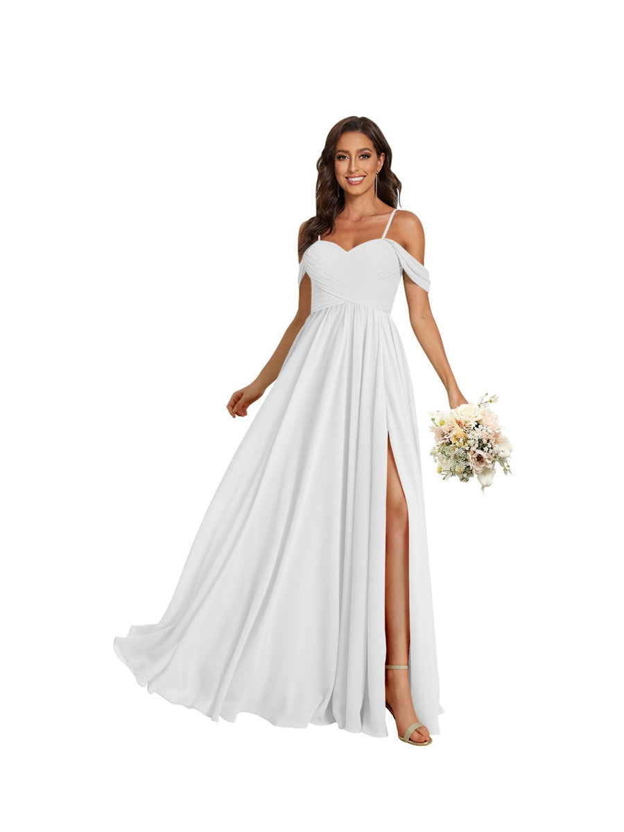 A-Line/Princess Off Shoulder Sweetheart  Sleeveless Floor Length Bridesmaid Dresses Chiffon with Pockets Slit