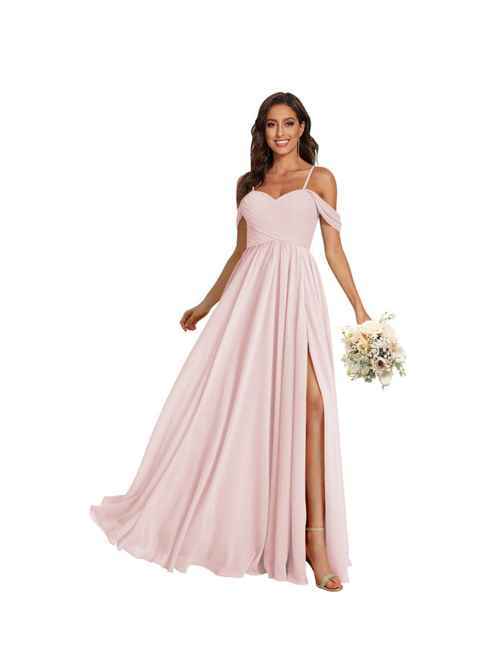 A Line /Princess Off Shoulder Sweetheart  Sleeveless Floor Length Bridesmaid Dresses Chiffon with Pockets Slit