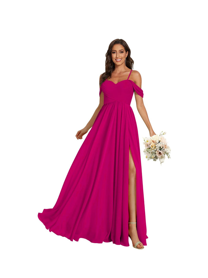 A Line /Princess Off Shoulder Sweetheart  Sleeveless Floor Length Bridesmaid Dresses Chiffon with Pockets Slit