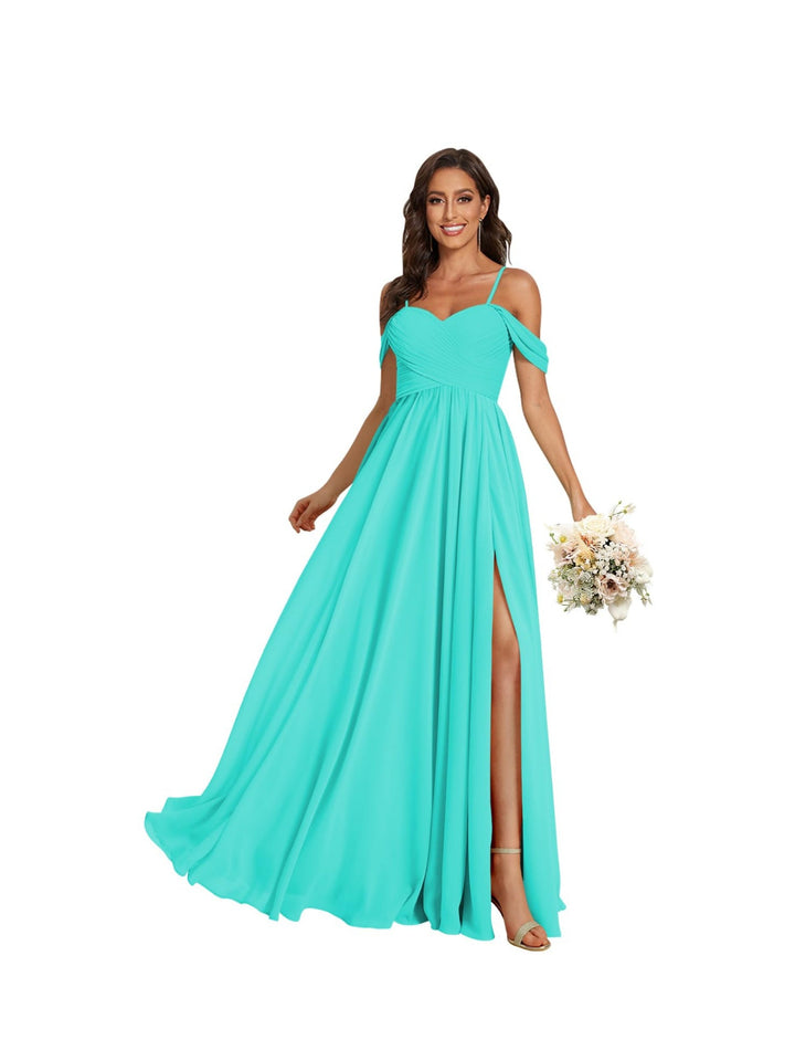 A Line /Princess Off Shoulder Sweetheart  Sleeveless Floor Length Bridesmaid Dresses Chiffon with Pockets Slit