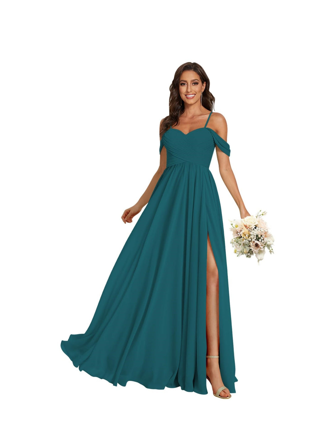 A Line /Princess Off Shoulder Sweetheart  Sleeveless Floor Length Bridesmaid Dresses Chiffon with Pockets Slit