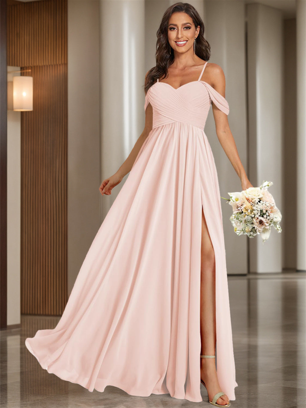 Blush Pink Bridesmaid Dresses 2026 Chiffon A-Line Spaghetti Straps Sleeveless Floor-Length Formal Wedding Guest Gowns with Split Side, Blush Pink Blush Pink Bridesmaid Dresses 2026 Chiffon A-Line Spaghetti Straps Sleeveless Floor-Length Formal Wedding Guest Gowns with Split Side, Blush Pink