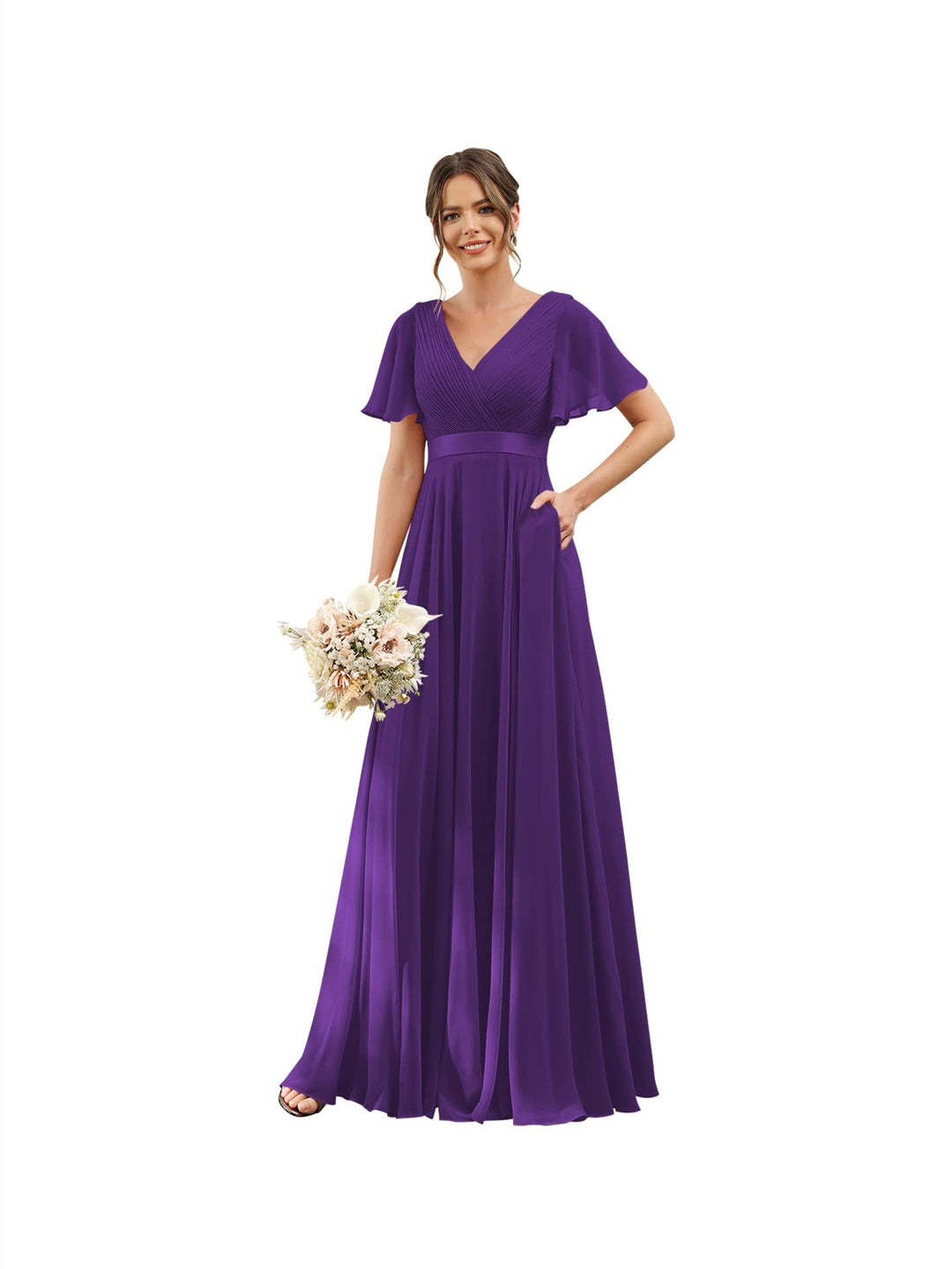 A-Line  V Neck Flutter Sleeves  Floor Length Bridesmaid Dresses  Chiffon  with Pockets Ruched