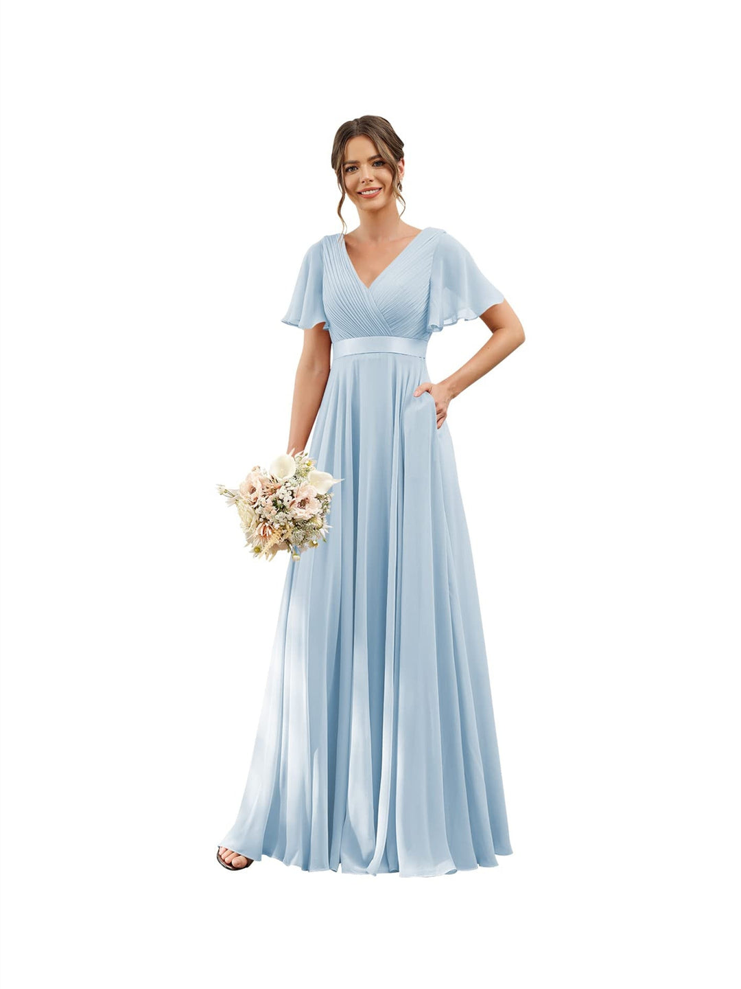 A-Line  V Neck Flutter Sleeves  Floor Length Bridesmaid Dresses  Chiffon  with Pockets Ruched