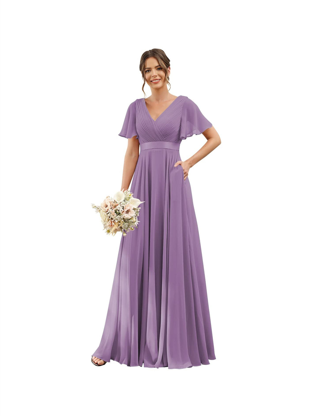 A-Line  V Neck Flutter Sleeves  Floor Length Bridesmaid Dresses  Chiffon  with Pockets Ruched