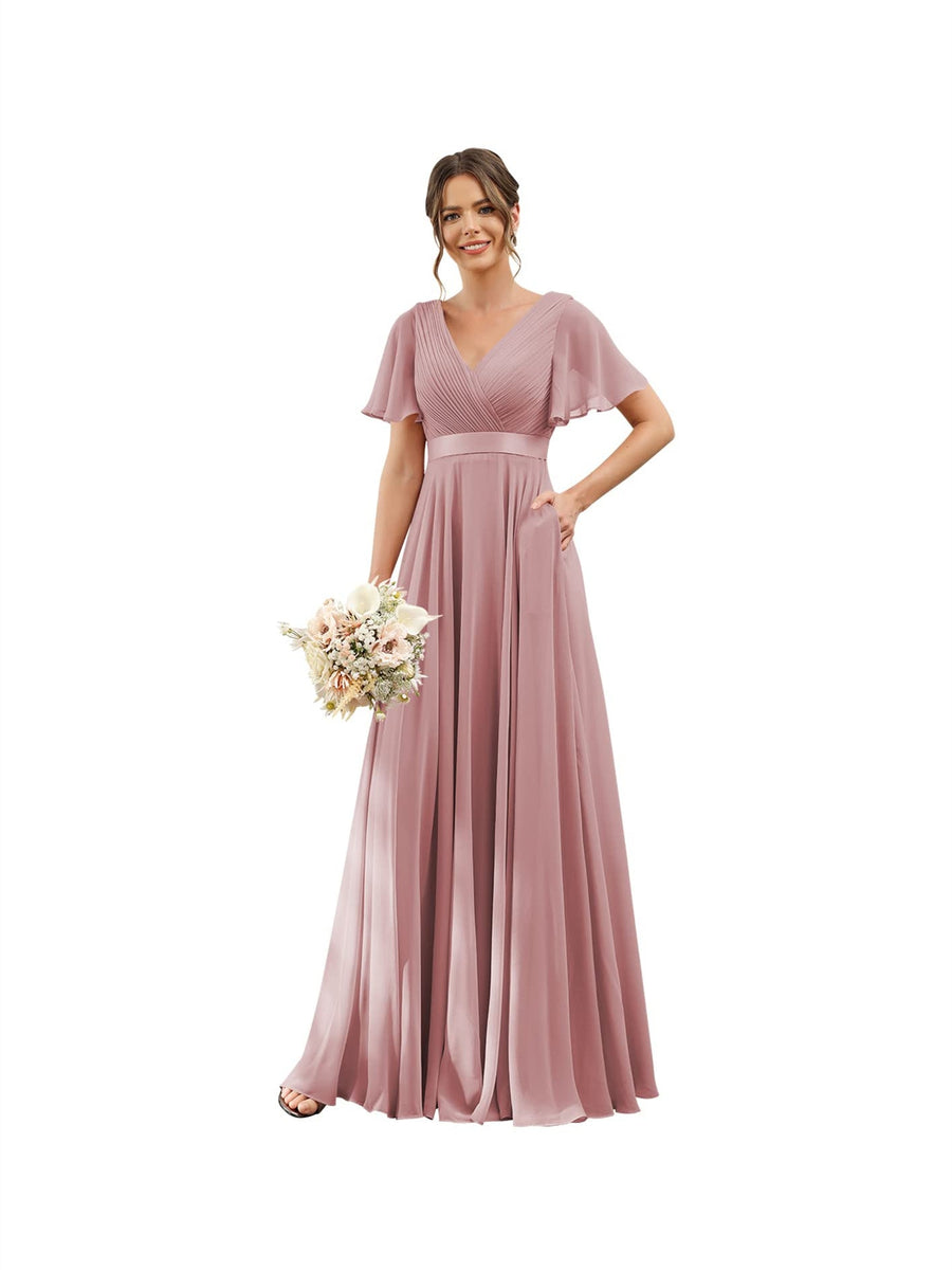 A-Line/Princess  V Neck Flutter Sleeves  Floor Length Bridesmaid Dresses  Chiffon  with Pockets Ruched