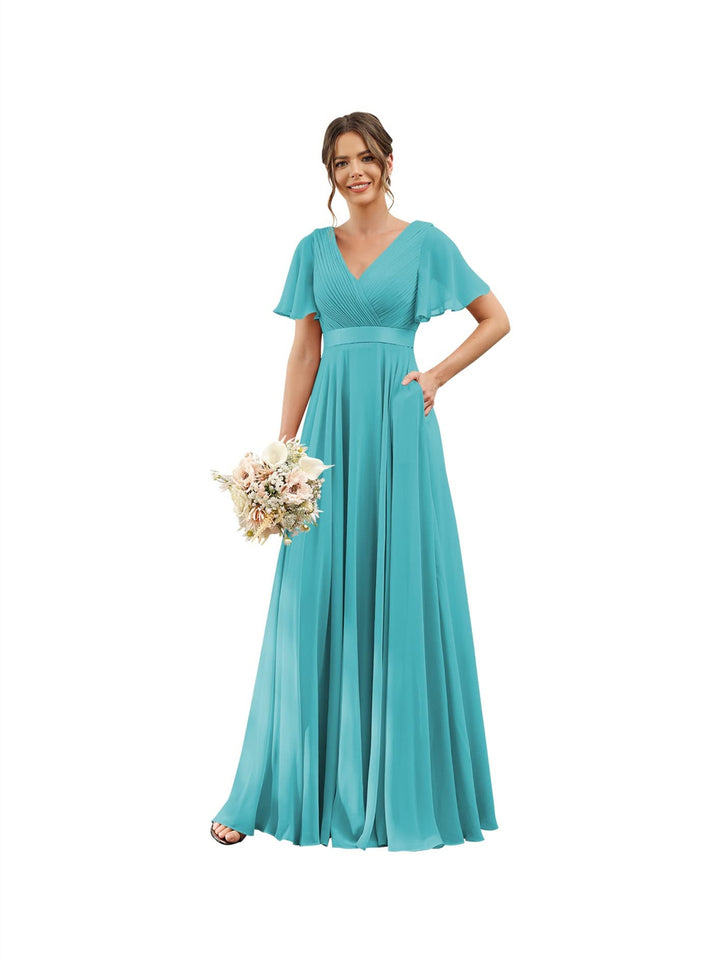 A-Line  V Neck Flutter Sleeves  Floor Length Bridesmaid Dresses  Chiffon  with Pockets Ruched