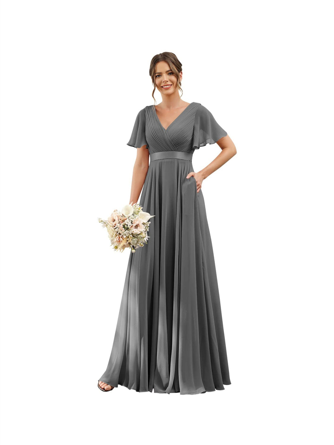 A-Line  V Neck Flutter Sleeves  Floor Length Bridesmaid Dresses  Chiffon  with Pockets Ruched