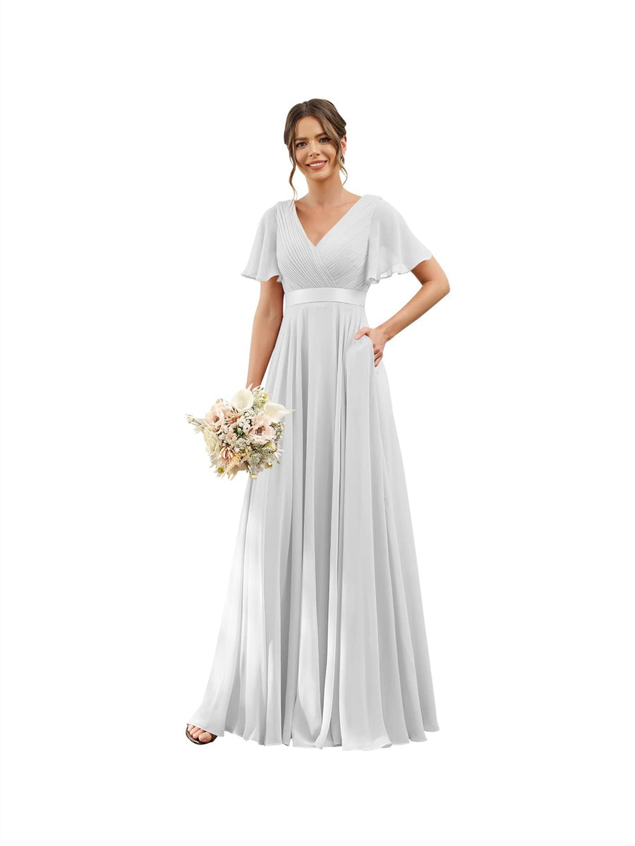 A-Line/Princess  V Neck Flutter Sleeves  Floor Length Bridesmaid Dresses  Chiffon  with Pockets Ruched