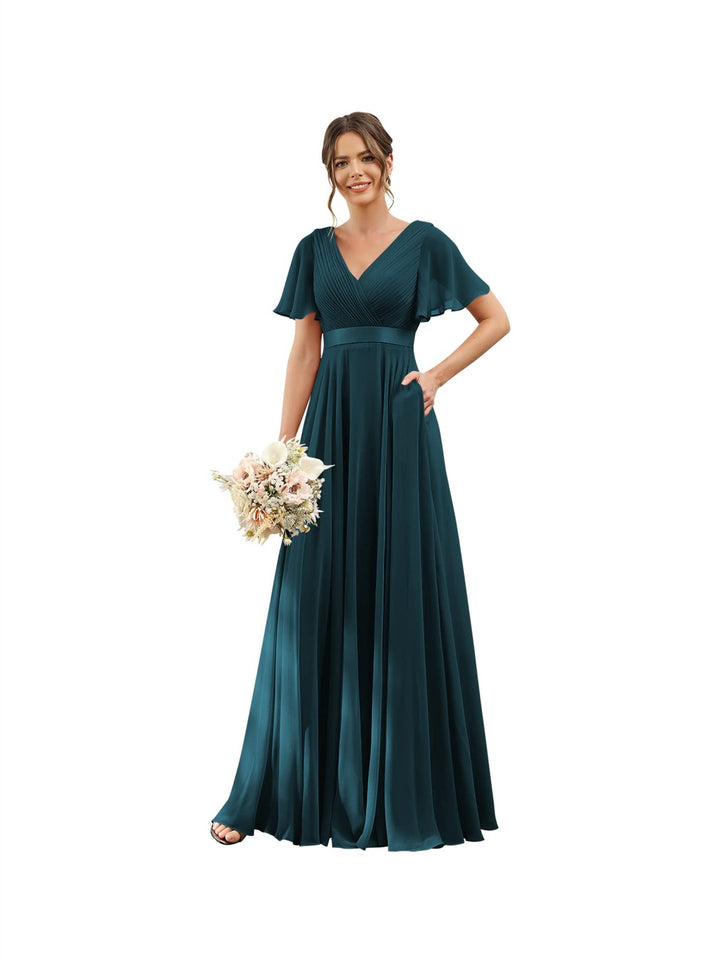 A-Line  V Neck Flutter Sleeves  Floor Length Bridesmaid Dresses  Chiffon  with Pockets Ruched