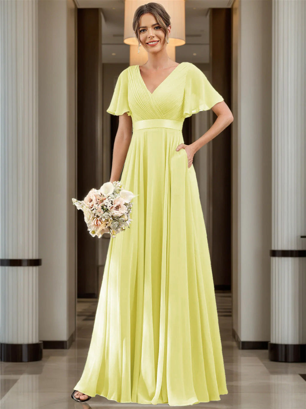 A-Line/Princess  V Neck Flutter Sleeves  Floor Length Bridesmaid Dresses  Chiffon  with Pockets Ruched