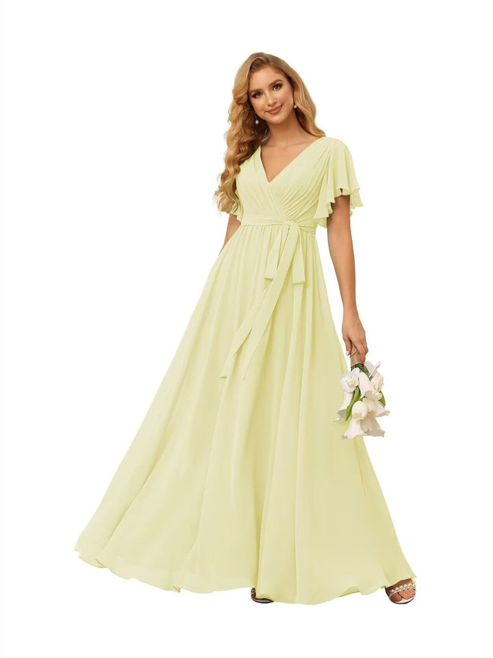 A-Line  V Neck Short Sleeve   Floor Length Bridesmaid Dresses  Chiffon  with Ruffles Bow(s)