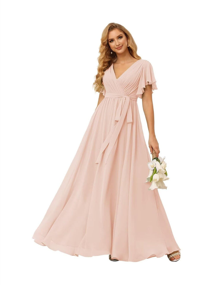 A-Line  V Neck Short Sleeve   Floor Length Bridesmaid Dresses  Chiffon  with Ruffles Bow(s)