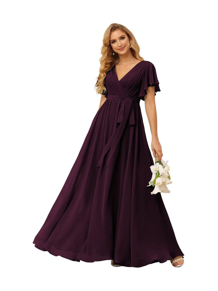 A-Line  V Neck Short Sleeve   Floor Length Bridesmaid Dresses  Chiffon  with Ruffles Bow(s)