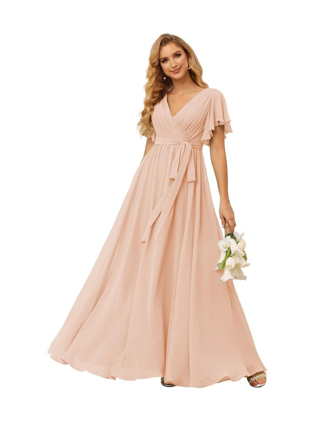 A-Line  V Neck Short Sleeve   Floor Length Bridesmaid Dresses  Chiffon  with Ruffles Bow(s)