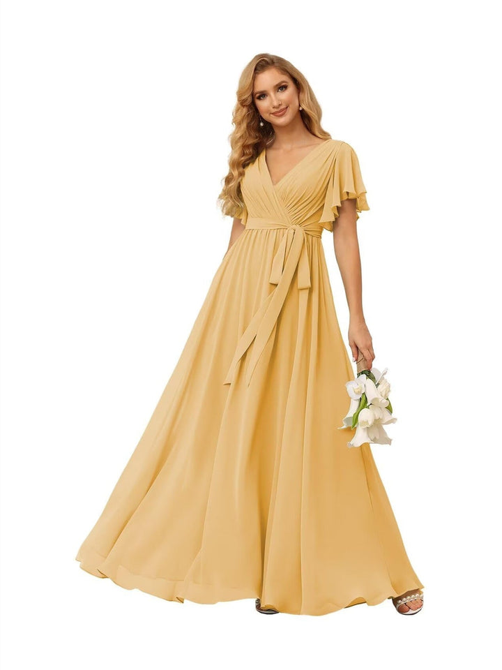 A-Line  V Neck Short Sleeve   Floor Length Bridesmaid Dresses  Chiffon  with Ruffles Bow(s)