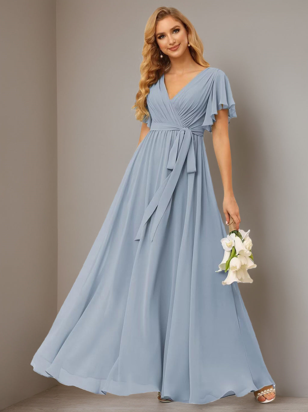 Dusty Blue Bridesmaid Dresses 2026 Chiffon A-Line V-Neck Flutter Sleeves Floor-Length Formal Wedding Guest Gowns with Bow Belt, Dusty Blue Dusty Blue Bridesmaid Dresses 2026 Chiffon A-Line V-Neck Flutter Sleeves Floor-Length Formal Wedding Guest Gowns with Bow Belt, Dusty Blue