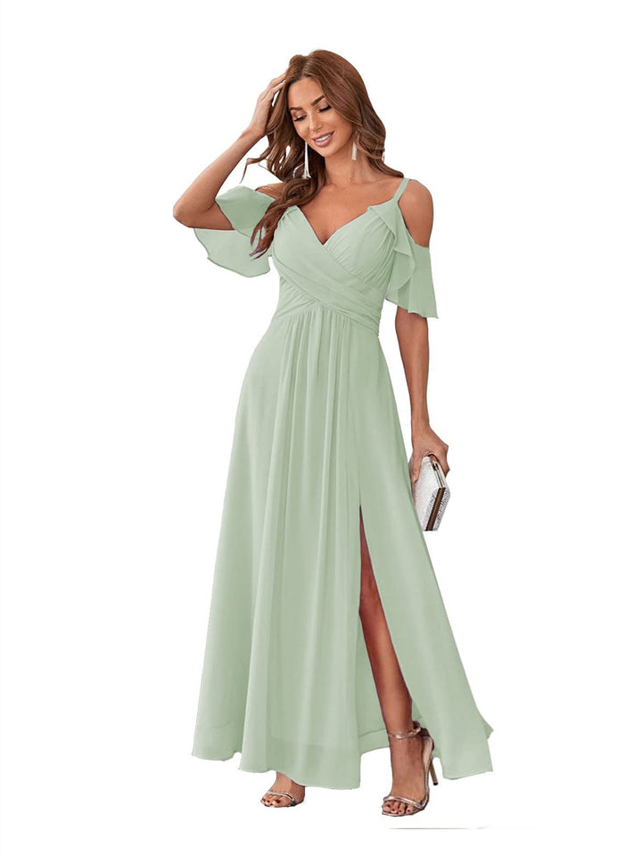 A-Line/Princess  V Neck Short Sleeve Spaghetti Straps Ankle  Length Bridesmaid Dresses  Chiffon with Ruffles Bow(s)