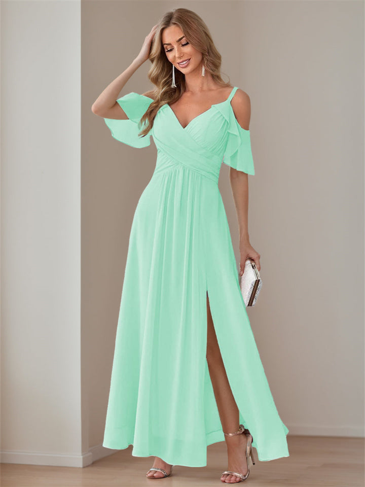 A-Line/Princess  V Neck Short Sleeve Spaghetti Straps Ankle  Length Bridesmaid Dresses  Chiffon with Ruffles Bow(s)