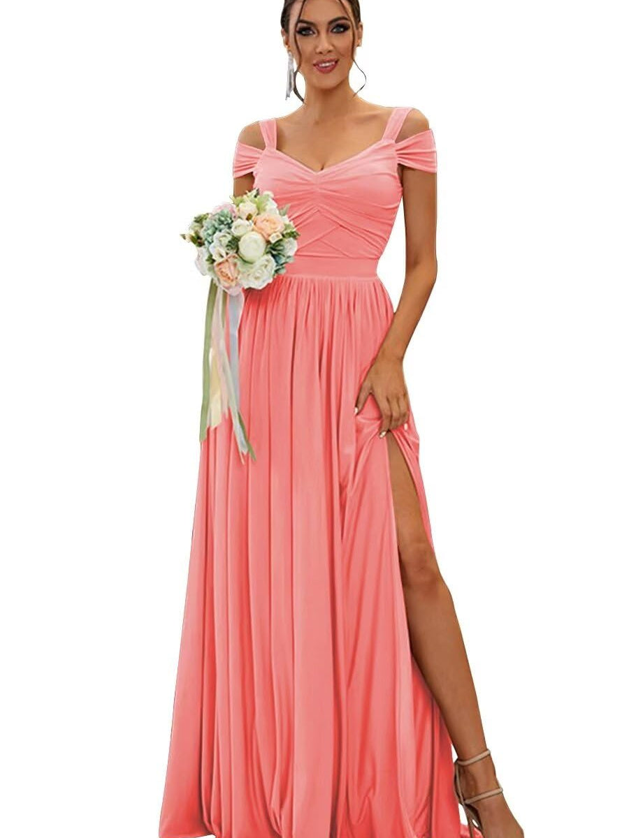 A-Line/Princess Off-the-shoulder Sleeveless Floor   Length Bridesmaid Dresses  Chiffon with Ruffles