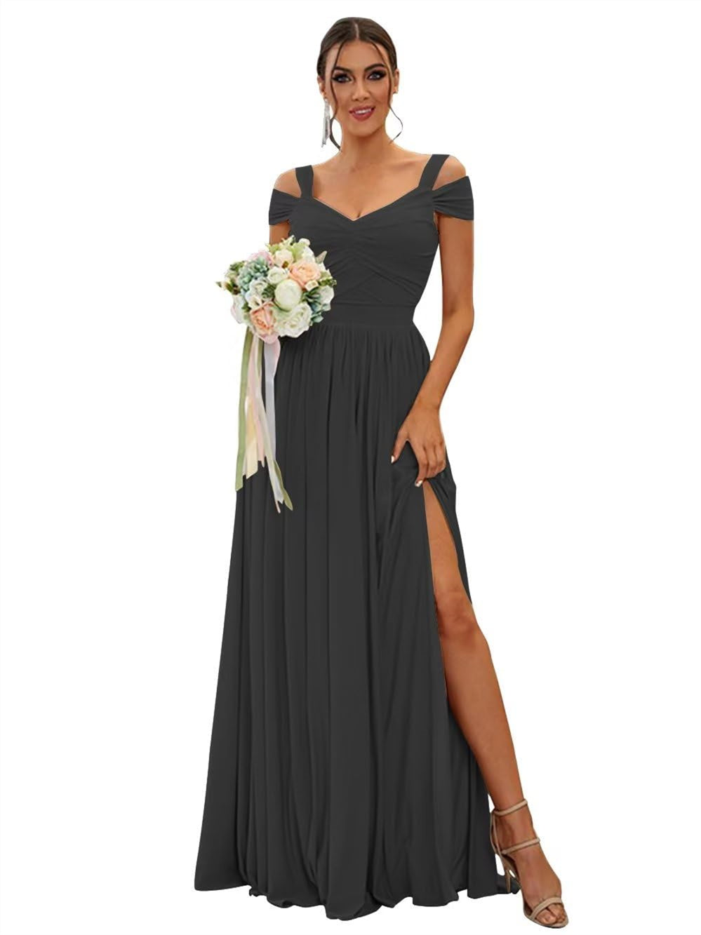 A-Line/Princess Off-the-shoulder Sleeveless Floor   Length Bridesmaid Dresses  Chiffon with Ruffles