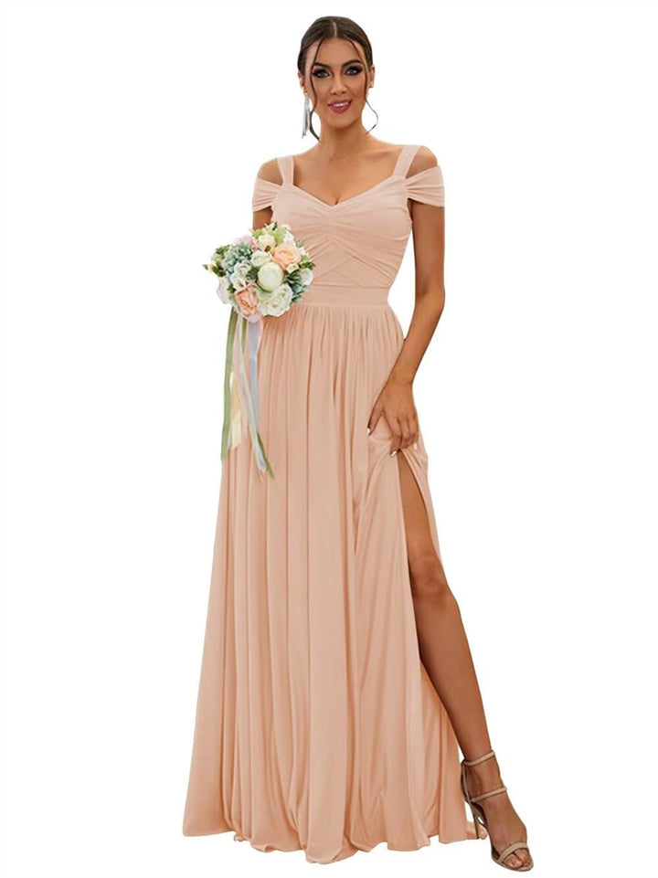 A-Line/Princess Off-the-shoulder Sleeveless Floor   Length Bridesmaid Dresses  Chiffon with Ruffles