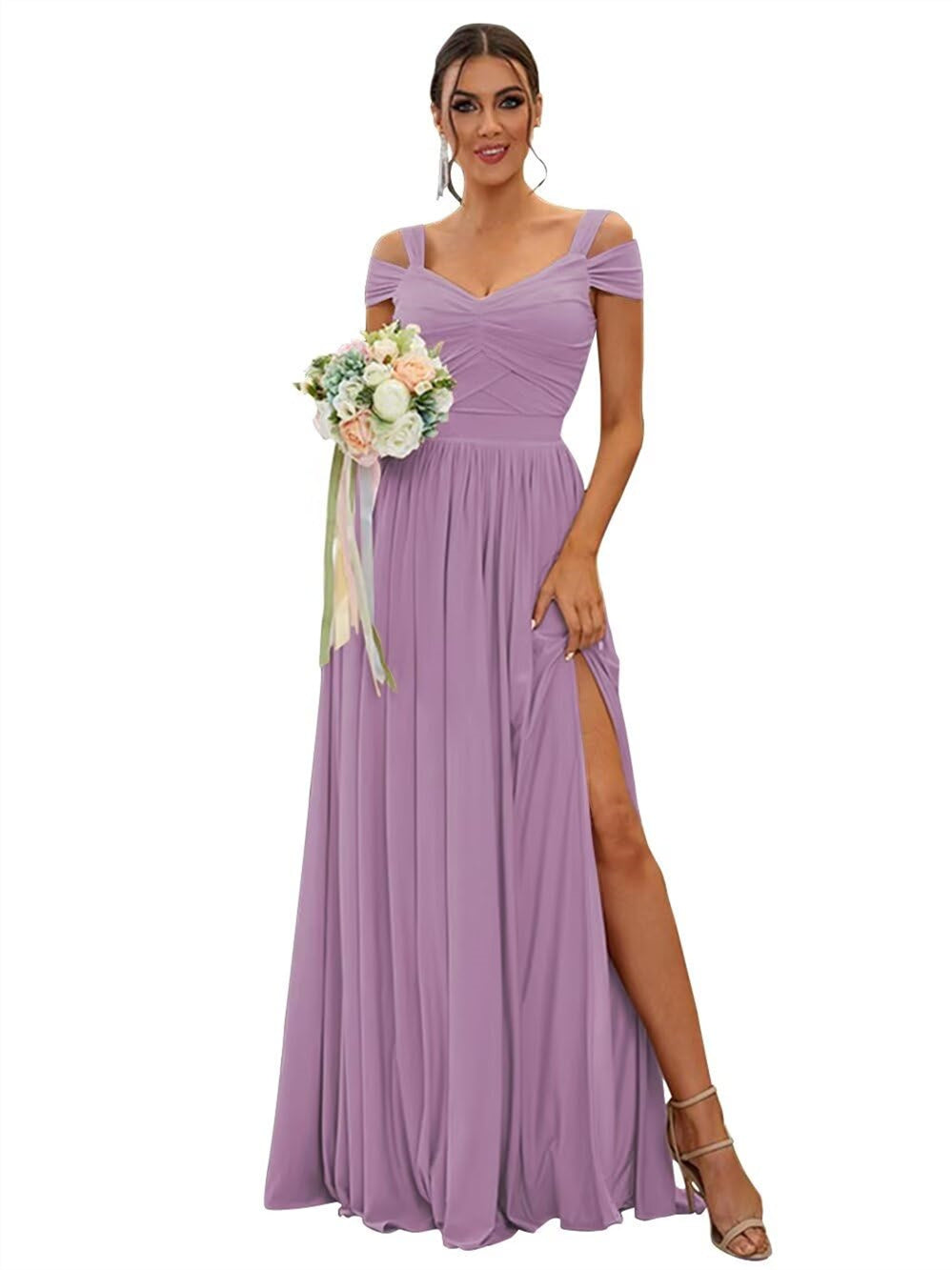 A-Line/Princess Off-the-shoulder Sleeveless Floor   Length Bridesmaid Dresses  Chiffon with Ruffles