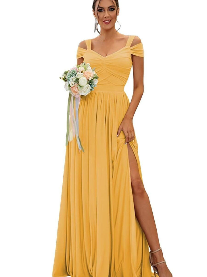 A-Line/Princess Off-the-shoulder Sleeveless Floor   Length Bridesmaid Dresses  Chiffon with Ruffles