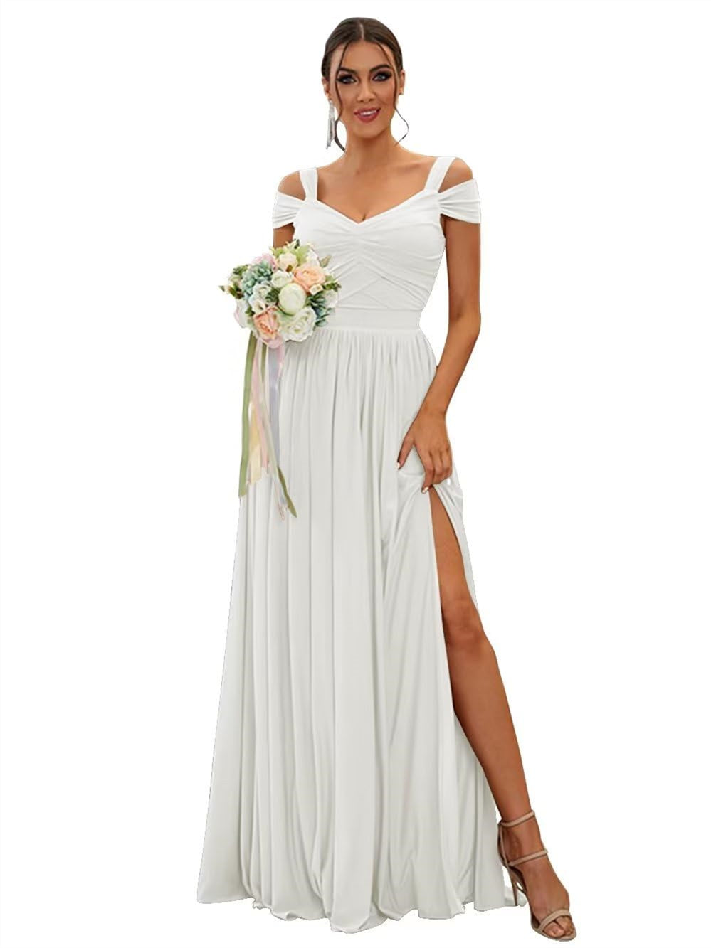 A-Line/Princess Off-the-shoulder Sleeveless Floor   Length Bridesmaid Dresses  Chiffon with Ruffles