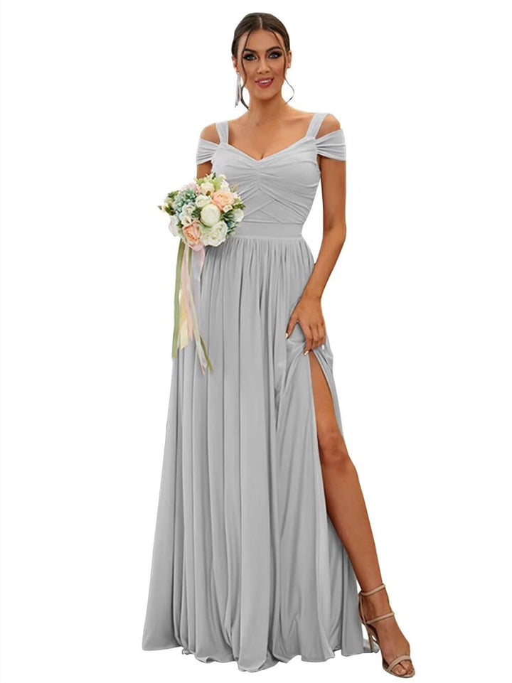 A-Line/Princess Off-the-shoulder Sleeveless Floor   Length Bridesmaid Dresses  Chiffon with Ruffles