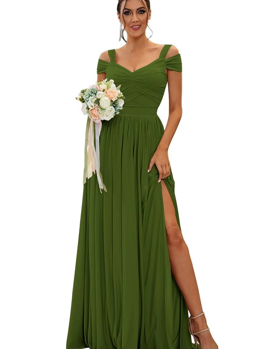 A-Line/Princess Off-the-shoulder Sleeveless Floor   Length Bridesmaid Dresses  Chiffon with Ruffles