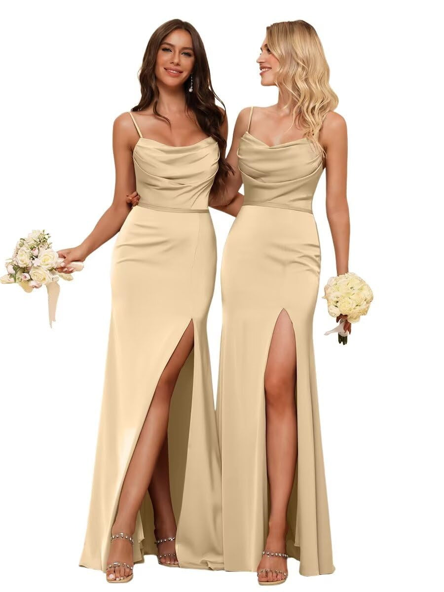 Sheath/Column Spaghetti Straps  Sleeveless Floor Length Bridesmaid Dresses Satin with Ruffles Split