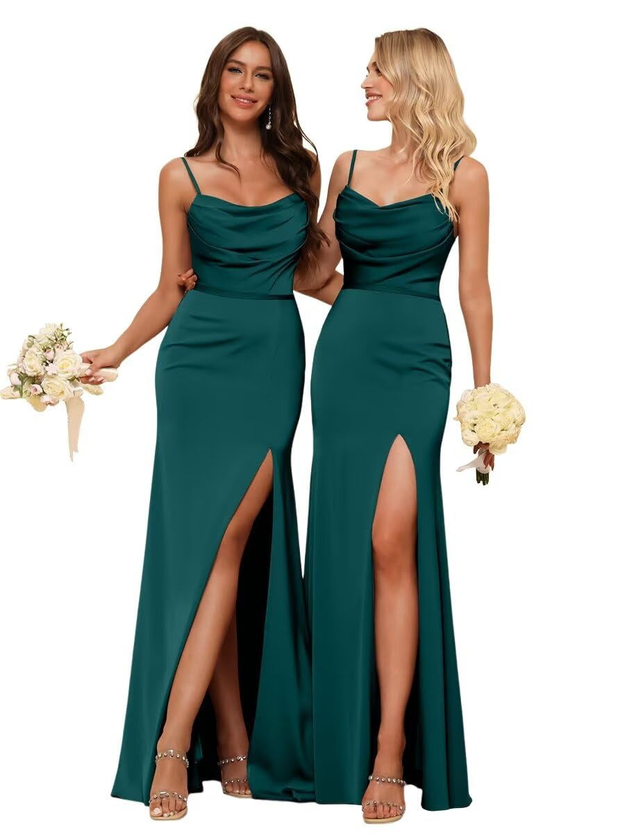Sheath/Column Spaghetti Straps  Sleeveless Floor Length Bridesmaid Dresses Satin with Ruffles Split