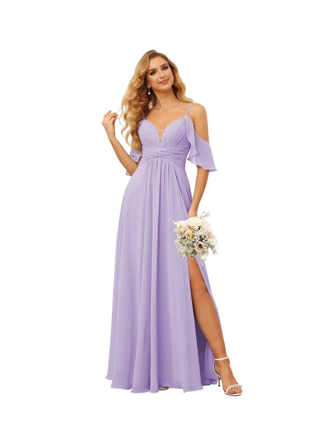 A-Line/Princess  Spaghetti Straps  Sleeveless Floor Length Bridesmaid Dresses  Chiffon with Ruffles Split