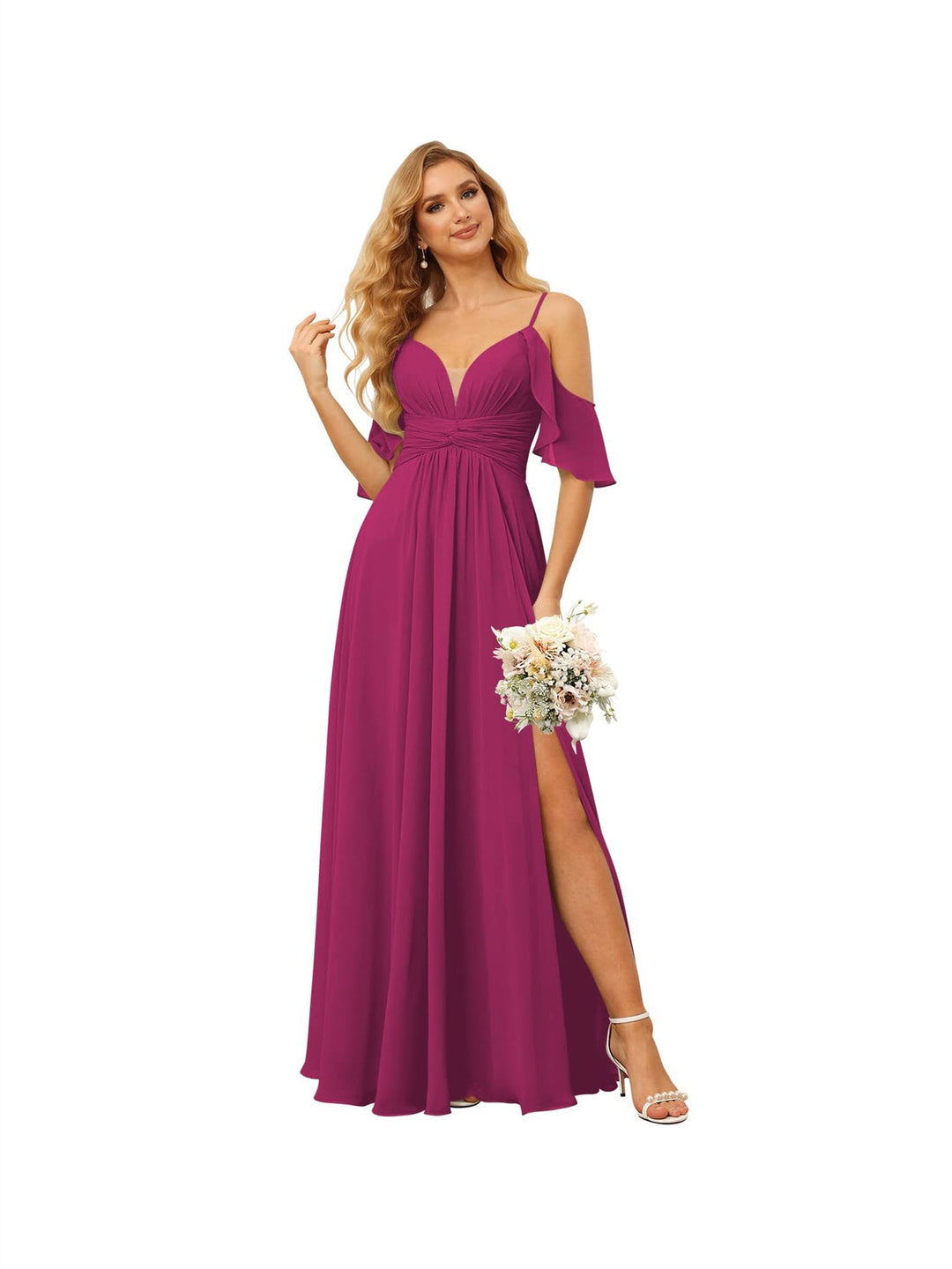 A-Line/Princess  Spaghetti Straps  Sleeveless Floor Length Bridesmaid Dresses  Chiffon with Ruffles Split