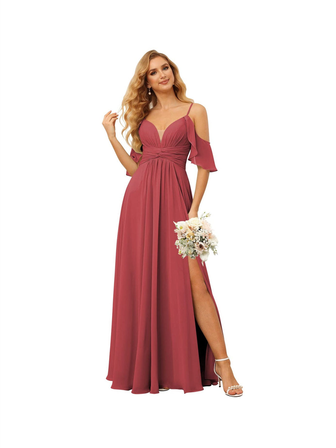 A-Line/Princess  Spaghetti Straps  Sleeveless Floor Length Bridesmaid Dresses  Chiffon with Ruffles Split