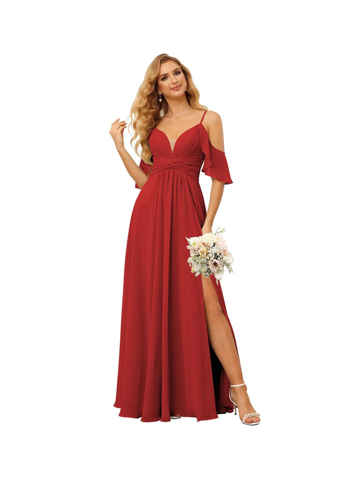 A-Line/Princess  Spaghetti Straps  Sleeveless Floor Length Bridesmaid Dresses  Chiffon with Ruffles Split