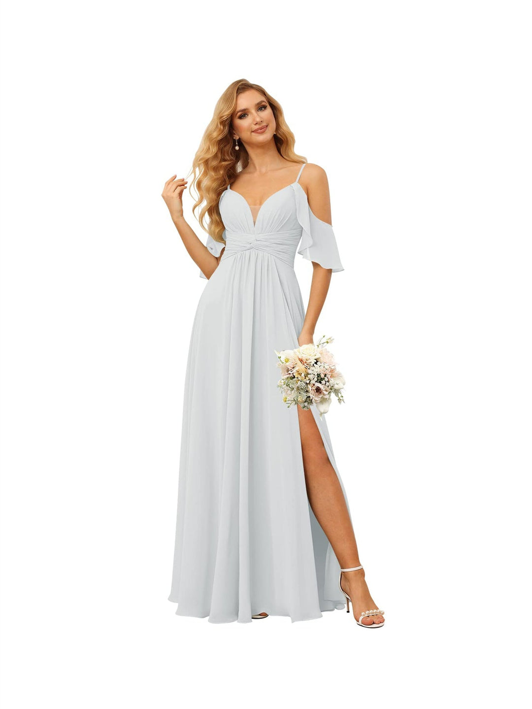 A-Line/Princess  Spaghetti Straps  Sleeveless Floor Length Bridesmaid Dresses  Chiffon with Ruffles Split