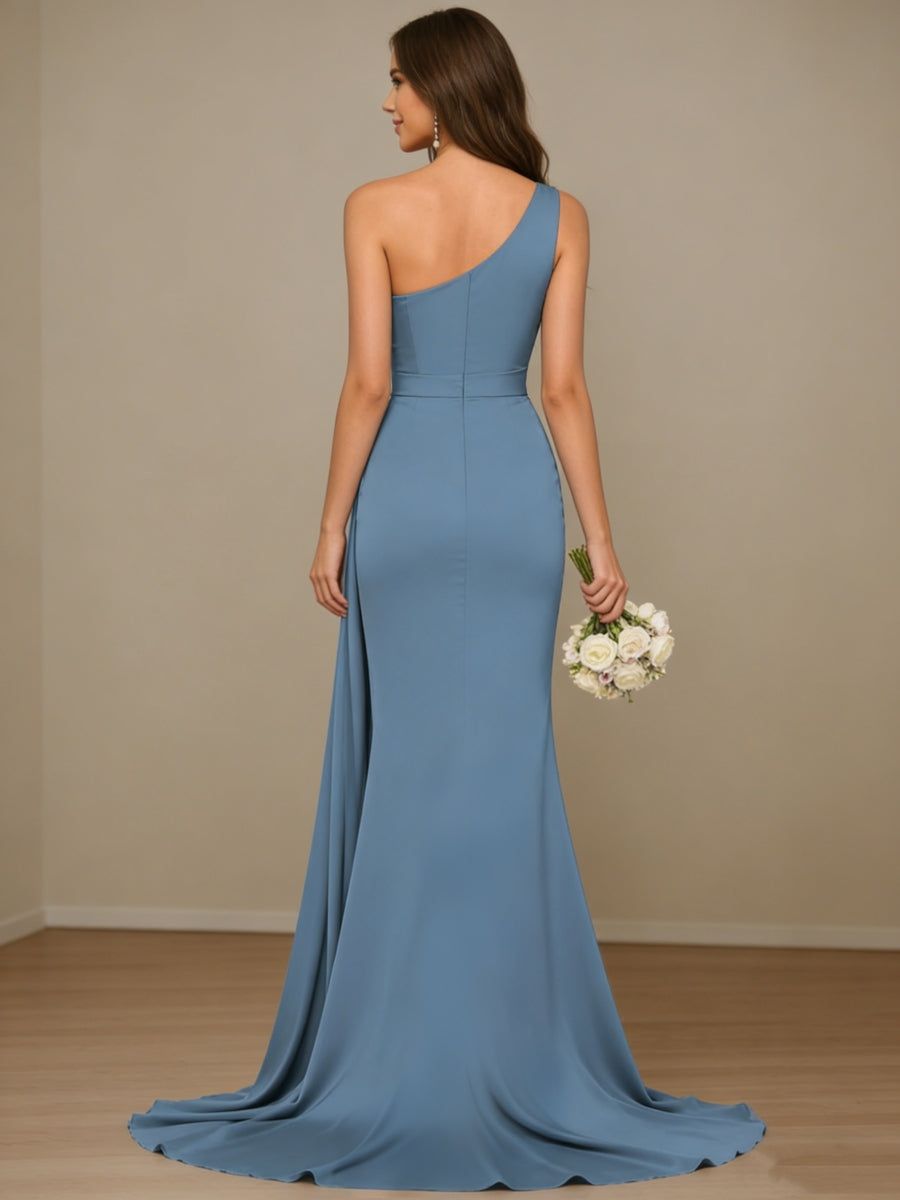 A-Line/Princess Satin One-shoulder Sleeveless Floor-Length Bridesmaid Dresses