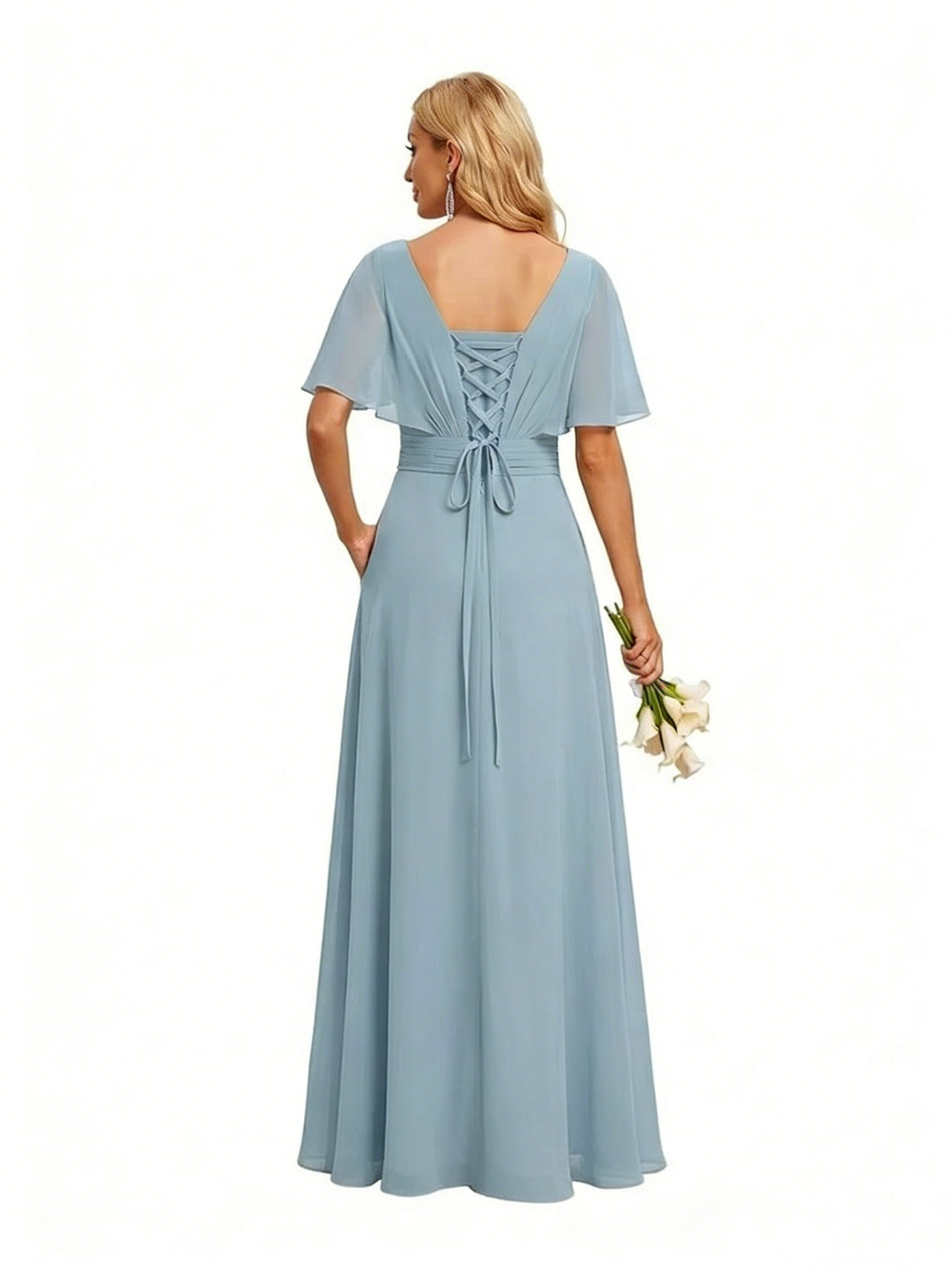 2026 Dusty Blue Bridesmaid Dresses Chiffon A-Line V-Neck Flutter Sleeves Floor-Length Formal Wedding Party Gowns with Split Side & Ruffles, Dusty Blue 2026 Dusty Blue Bridesmaid Dresses Chiffon A-Line V-Neck Flutter Sleeves Floor-Length Formal Wedding Party Gowns with Split Side & Ruffles, Dusty Blue
