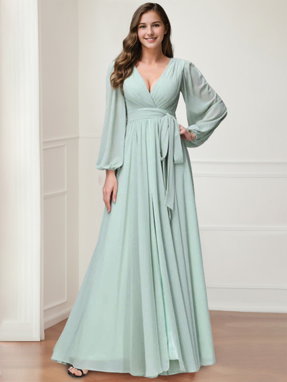 A-Line V-Neck Long Sleeves Chiffon Long Bridesmaid Dresses With Ruffles Split Side