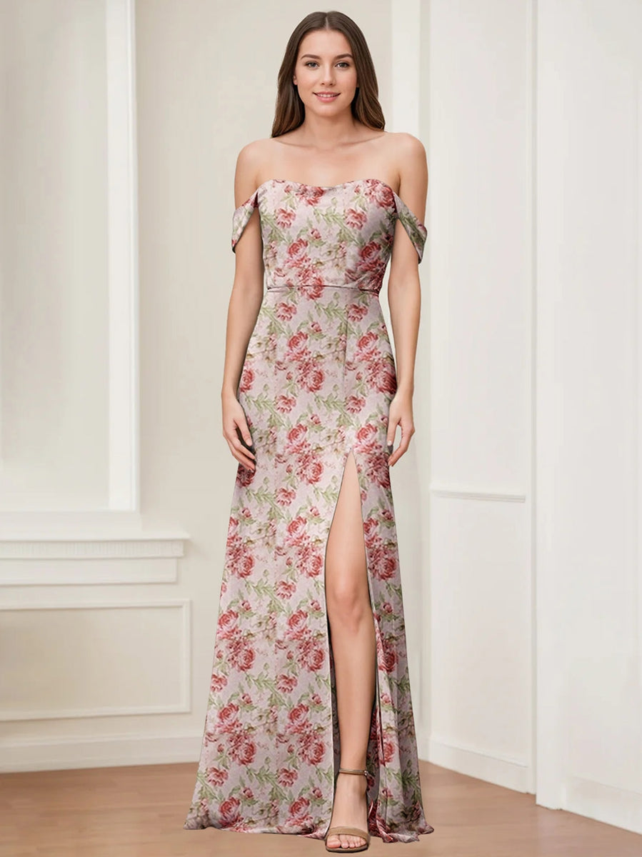 Sheath/Column Off-the-Shoulder Floor-Length Printed Floral Bridesmaid - Mondressy Sheath/Column Off-the-Shoulder Floor-Length Printed Floral Bridesmaid - Mondressy