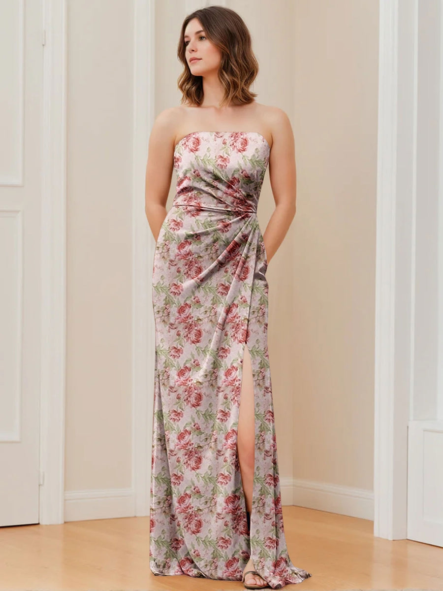 Column Strapless Sleeveless Floor-Length Printed Floral Ruched with Split Side