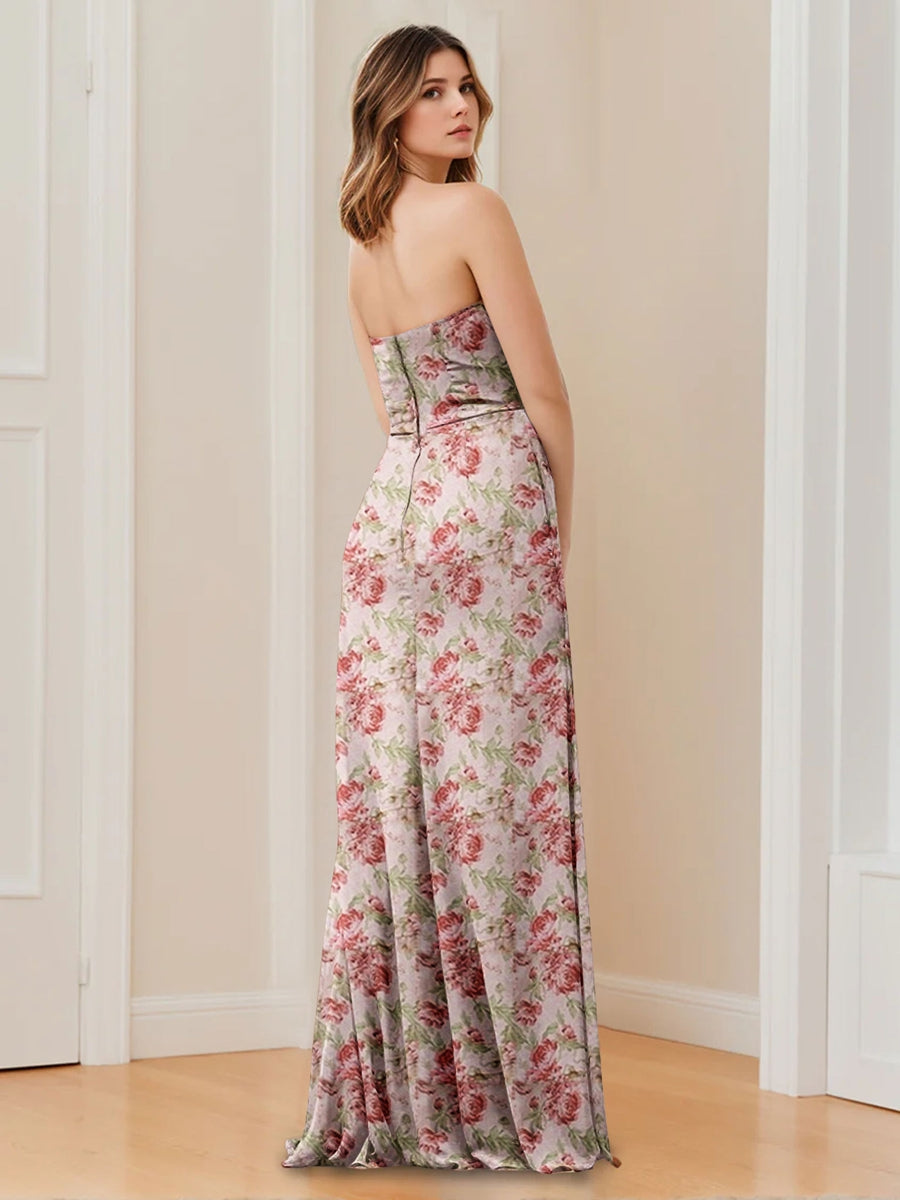 Printed Floral Bridesmaid Dresses Strapless Sheath/Column Sleeveless Long Formal Wedding Party Evening Gowns with Split Side & Ruched Printed Floral Bridesmaid Dresses Strapless Sheath/Column Sleeveless Long Formal Wedding Party Evening Gowns with Split Side & Ruched